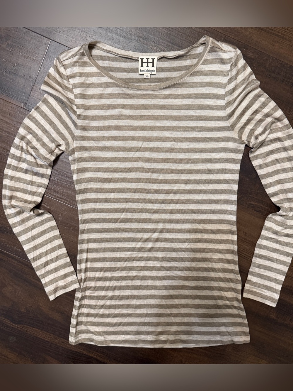 Haute Hippie XS Striped Long Sleeve Top Tan Ivory 100% Rayon Made USA
